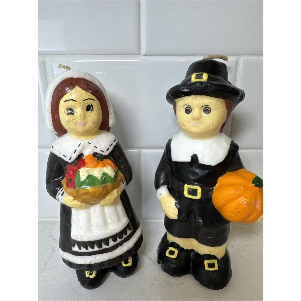 VTG 1980's Pair Pilgrim 7" Candles Thanksgiving Pilgrim Man & Woman Never Lit